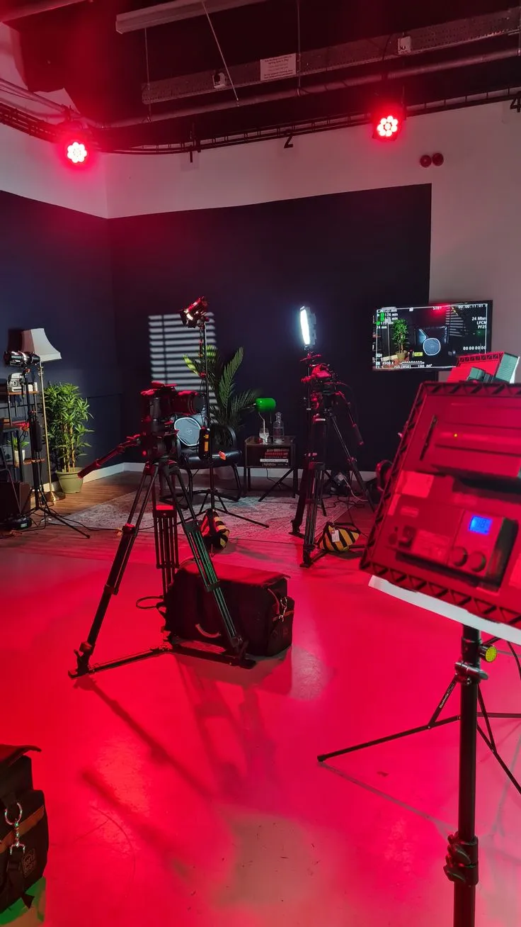 Le studio éclairé en rouge, caméras en place